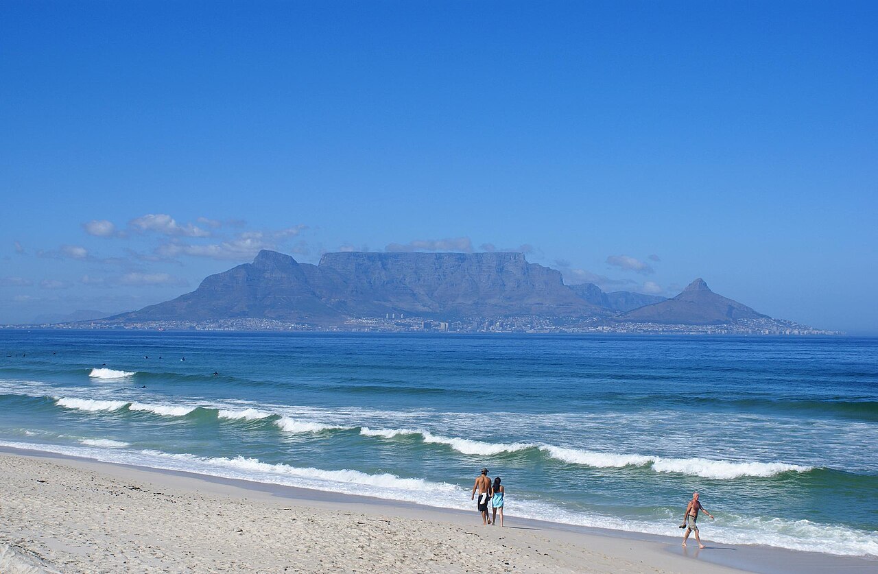 Panoramic view of Table Mountain across Table Bay from Bloubergstrand