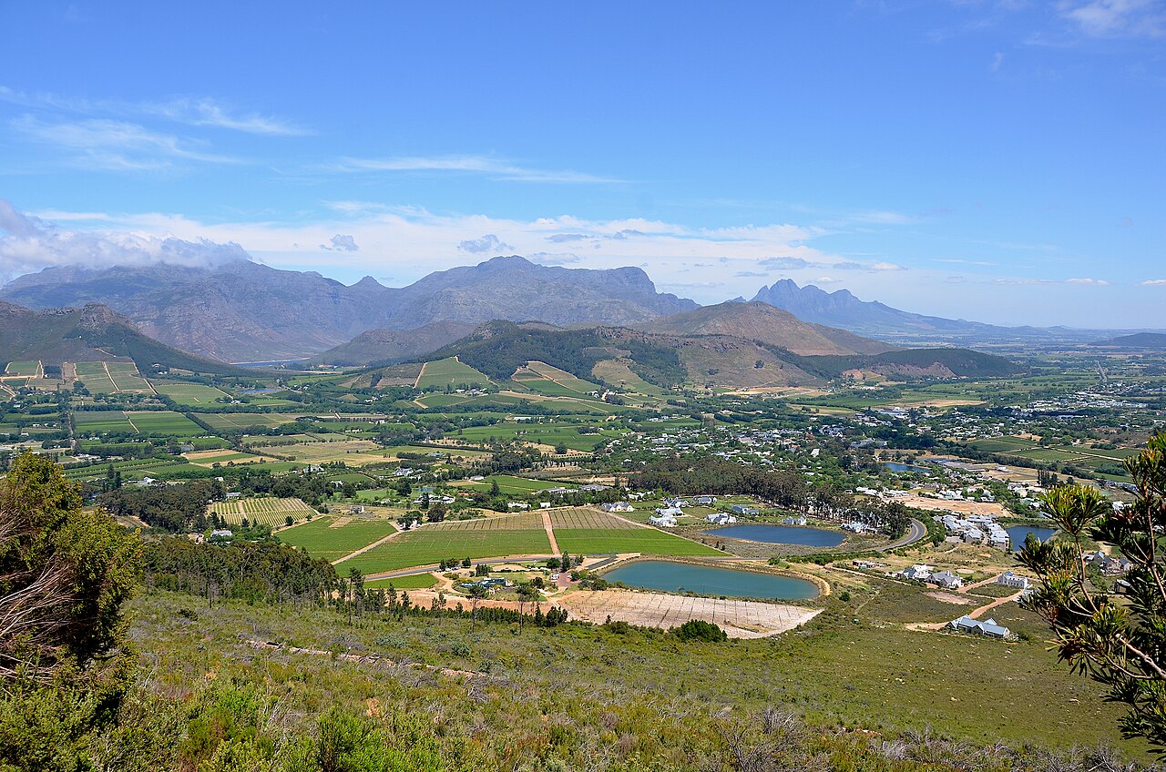 Elevated panoramic view of Franschhoek valley and vineyards